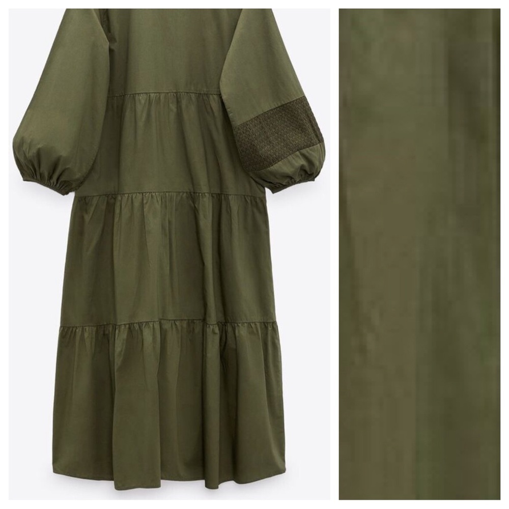 Zara Olive Patchwork V-Neck Tiered Midi Dress - Picture 12 of 16